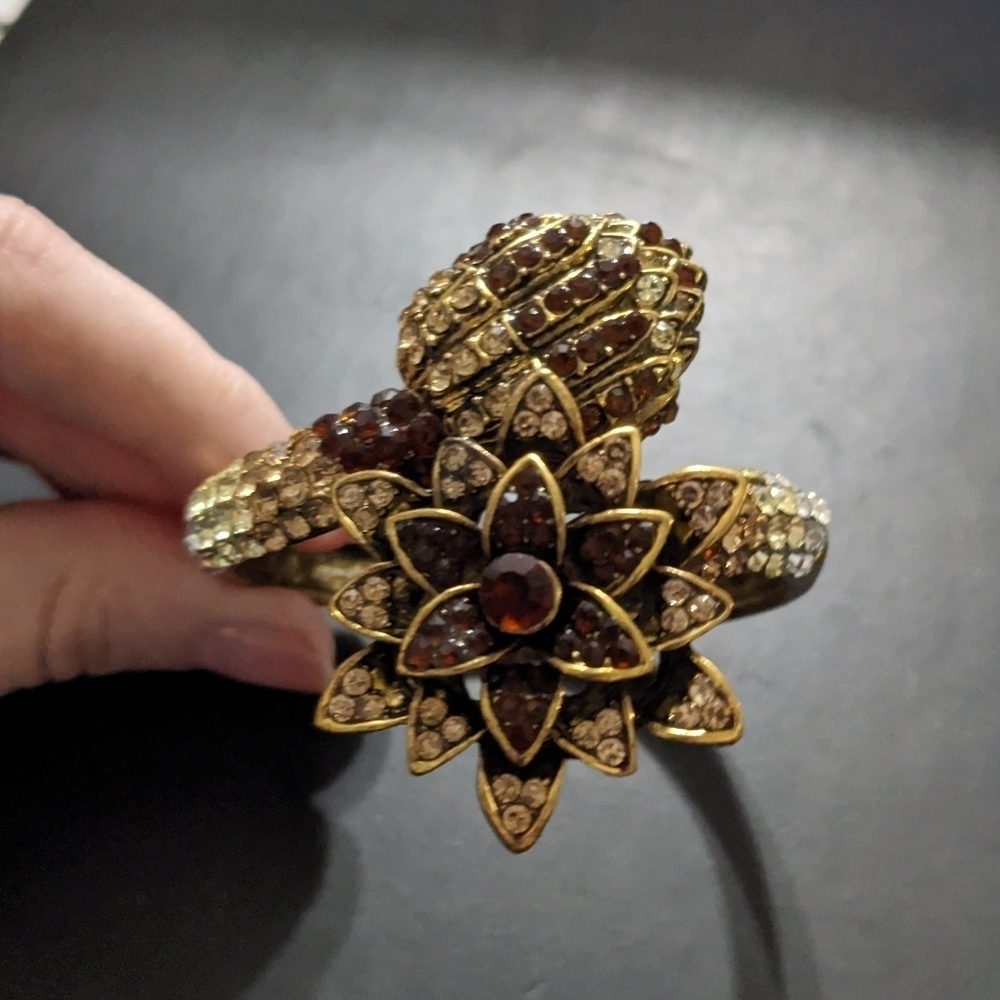 Gold Tone Brown Champagne Clear Rhinestone Lotus Flower Hinged Cuff Bracelet